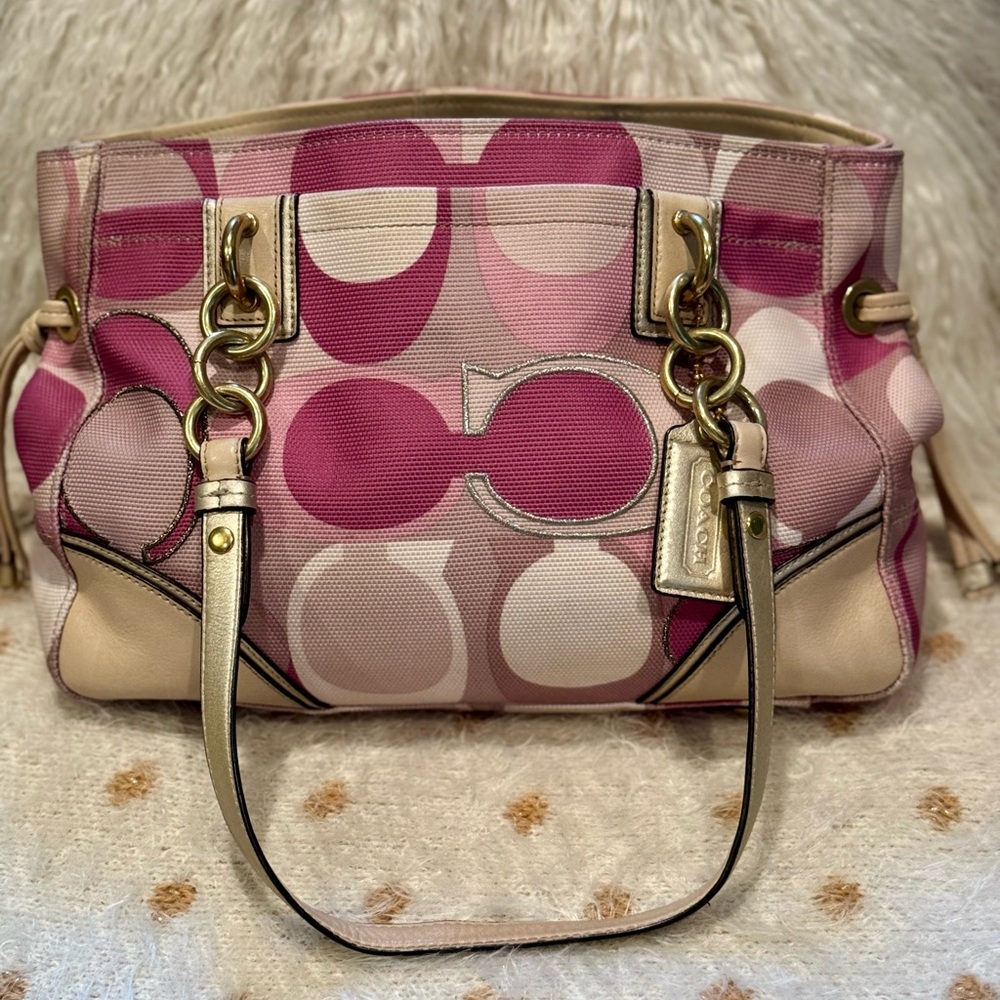 Coach Pink and Cream Canvas and Leather Shoulder Bag